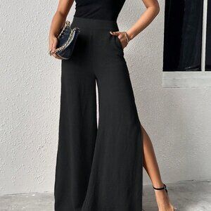 Black Elegant Women's Split Thigh Wide Leg Pants